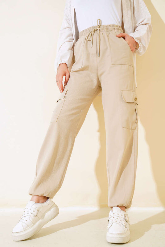 Pantalon Cargo Taille Élastique Beige