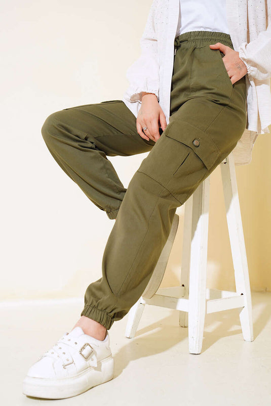 Pantalon Cargo Élastique à Taille Kaki