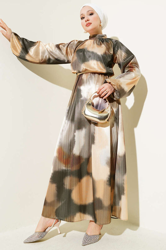 Bel Lastikli Karışık Desen Saten Elbise Hardal