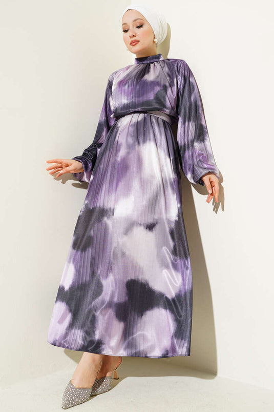 فستان ساتان بنمط مختلط وخصر مرن، لون أرجواني