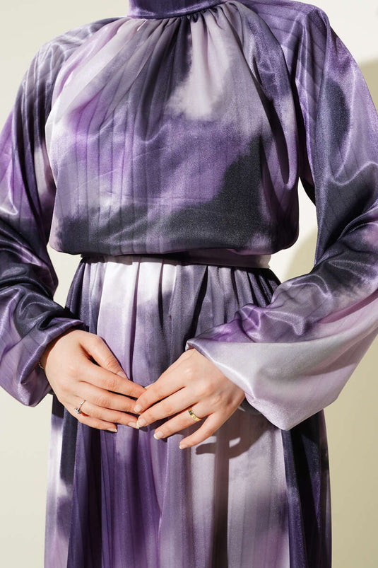 فستان ساتان بنمط مختلط وخصر مرن، لون أرجواني