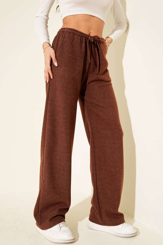 بنطال من الكشمير بحزام خصر مطاطي، بني