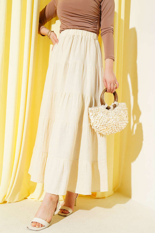 Elastic Waist Layered Flared Skirt Beige