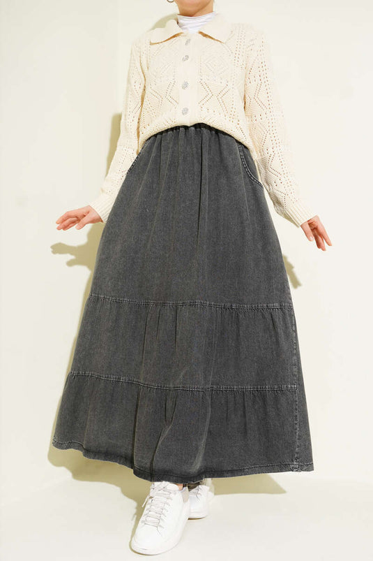 Jupe en jean à volants avec taille élastiquée, gris foncé