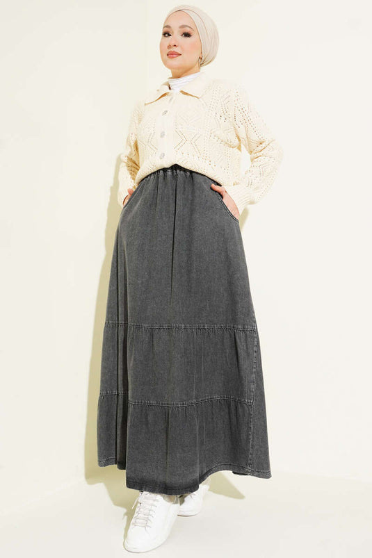 Jupe en jean à volants avec taille élastiquée, gris foncé