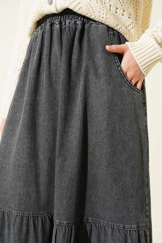 Jupe en jean à volants avec taille élastiquée, gris foncé