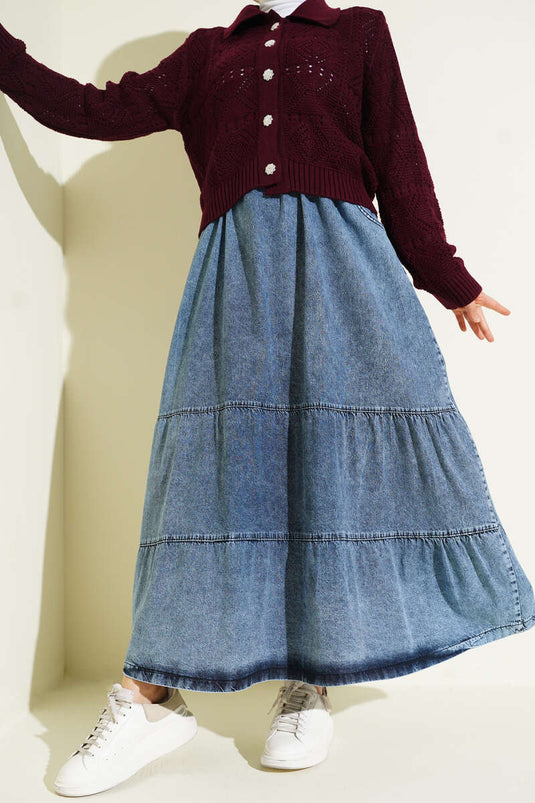 Jupe en jean à volants avec taille élastiquée, bleu denim