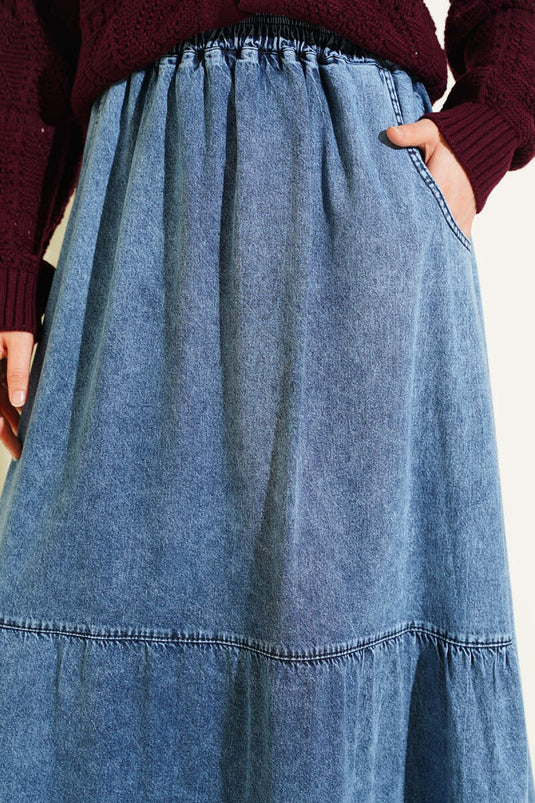 Jupe en jean à volants avec taille élastique, bleue