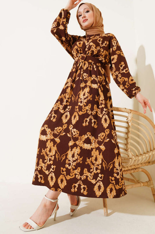 Bel Lastikli Kemerli Bürümcük Elbise Kahve