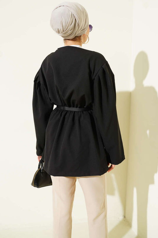 Double Jacket with Belt and Elastic Waist Black