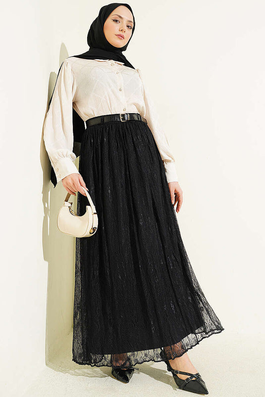 Belted Lace Skirt with Elastic Waist Black