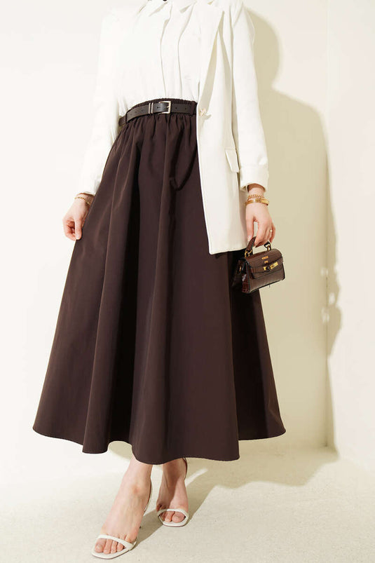 Poplin Skirt with Elastic Waist and Belt Dark Brown