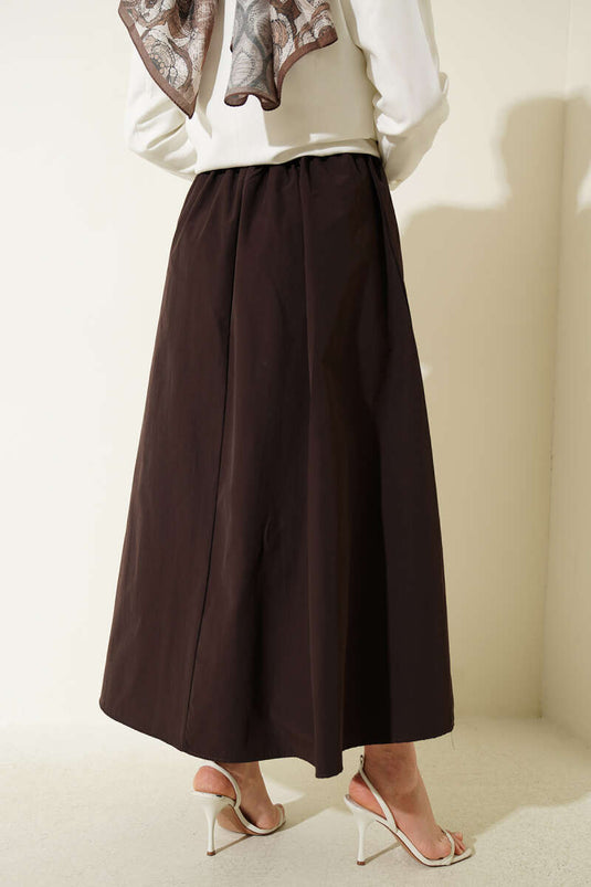 Poplin Skirt with Elastic Waist and Belt Dark Brown