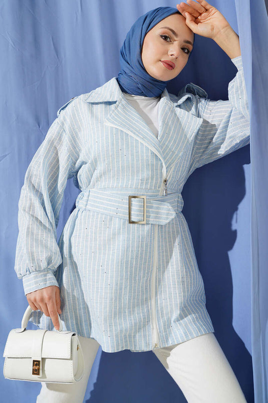 Jacke mit elastischem Bund und integriertem Gürtel, Blau