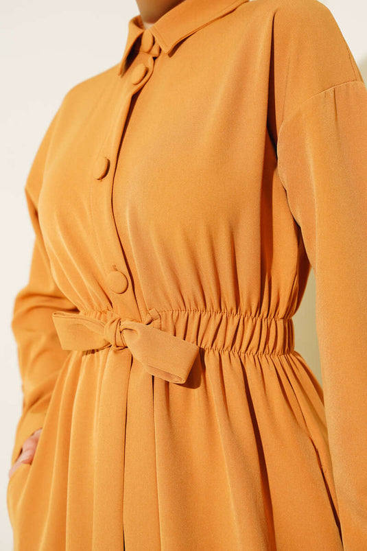 Robe Ceinturée Taille Élastique Camel