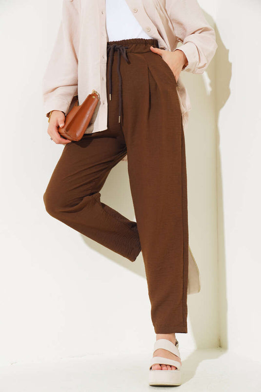 Pantalon En Lin Taille Élastique Marron