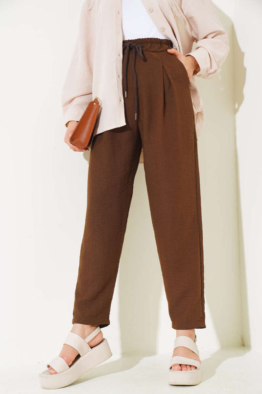 Pantalon En Lin Taille Élastique Marron