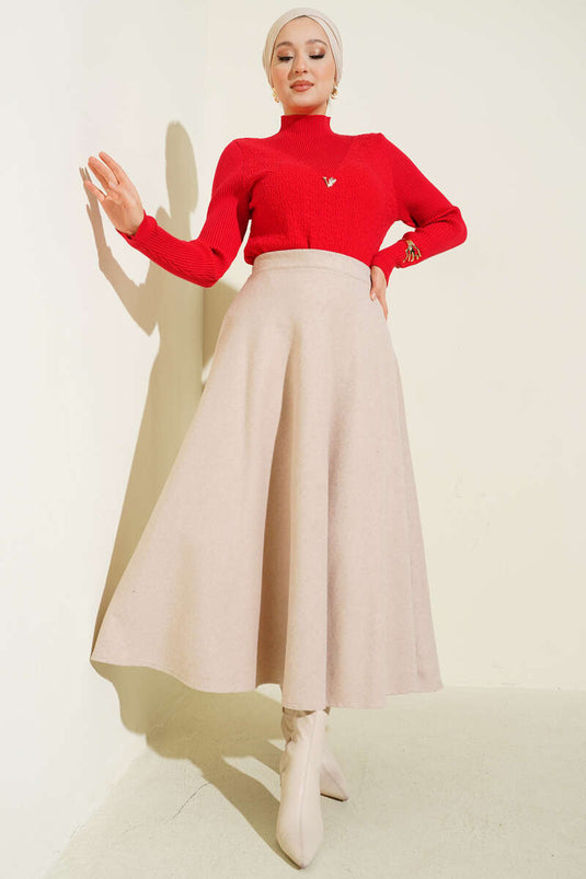 Beige Kaschmirrock mit elastischem Bund und ausgestelltem Rockrand