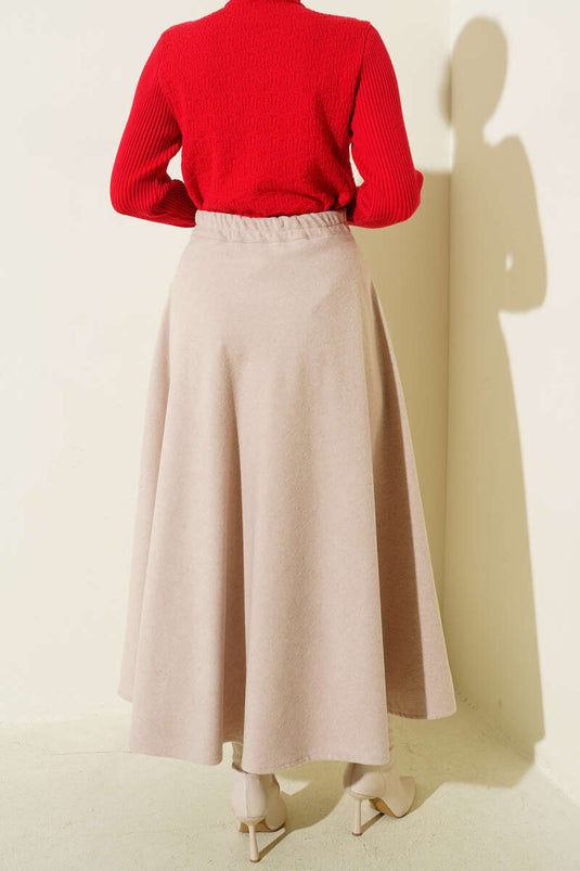 Beige Kaschmirrock mit elastischem Bund und ausgestelltem Rockrand