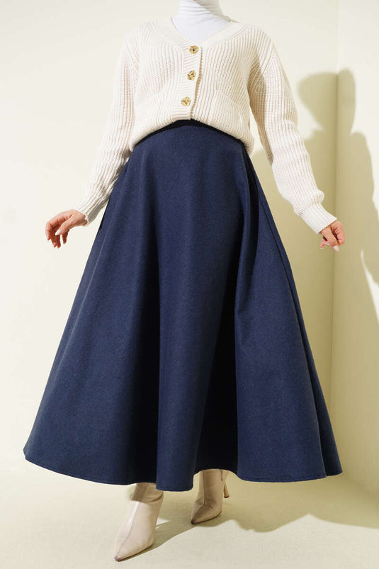 Navy Blue Elasticated Flared Wool Coat Skirt