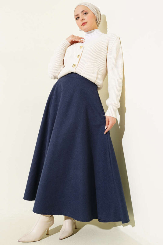 Navy Blue Elasticated Flared Wool Coat Skirt