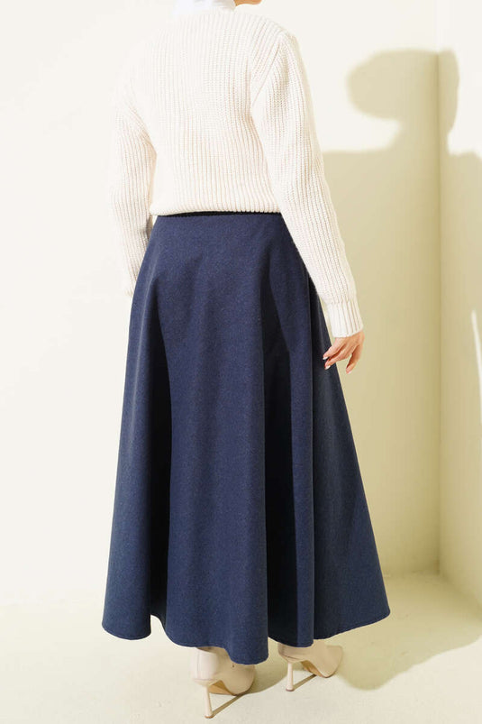 Navy Blue Elasticated Flared Wool Coat Skirt