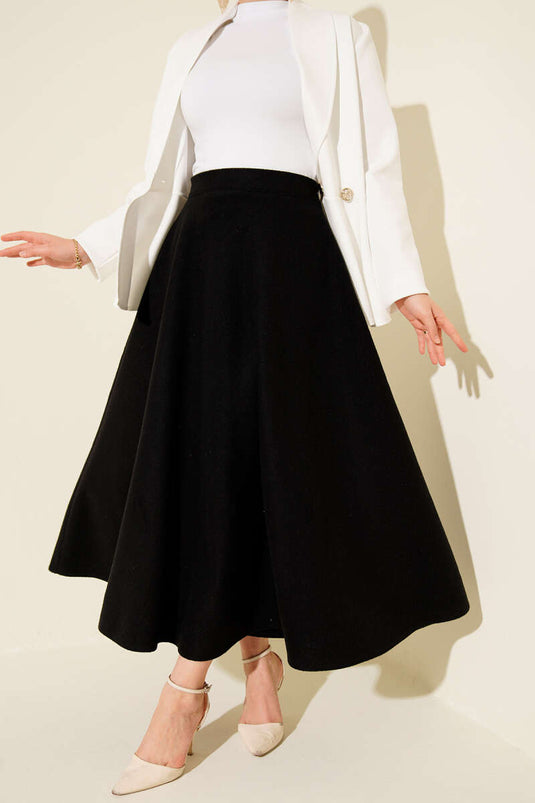 Gonna svasata in cashmere con elastico in vita, nera