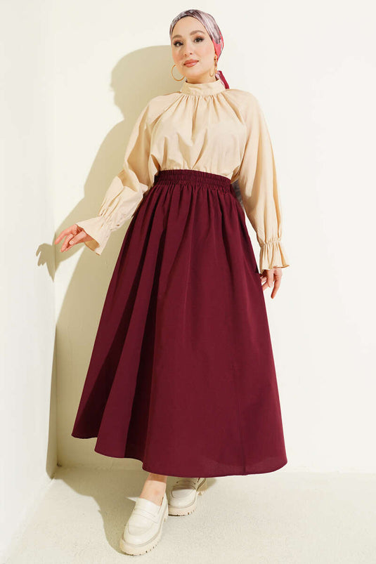 Jupe évasée en popeline avec ceinture élastique bordeaux