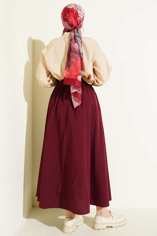 Jupe évasée en popeline avec ceinture élastique bordeaux