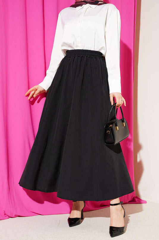 Black Elastic Waist Flared Poplin Skirt