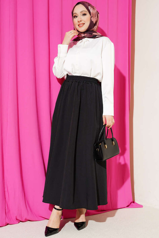 Black Elastic Waist Flared Poplin Skirt