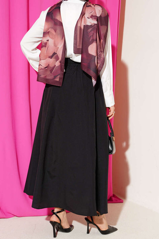 Black Elastic Waist Flared Poplin Skirt