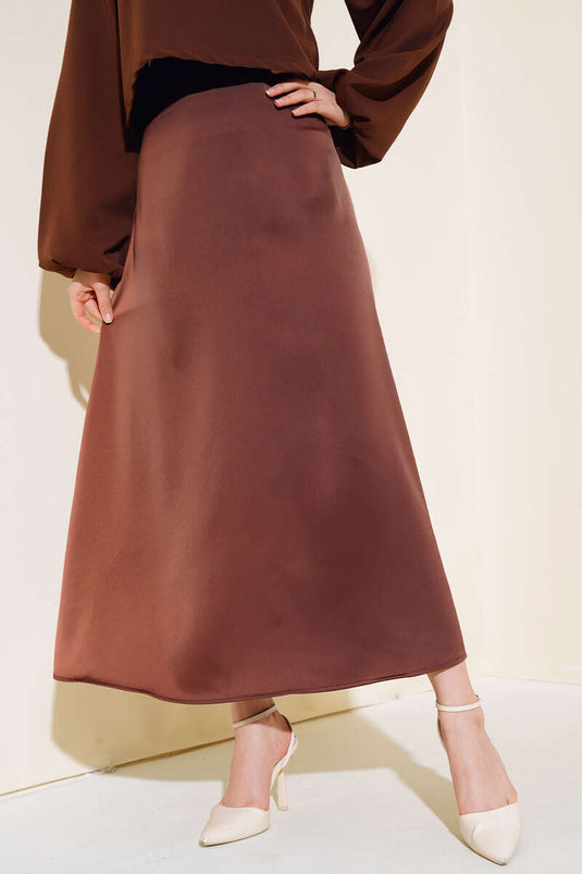 Jupe Évasée En Satin Taille Élastique Marron