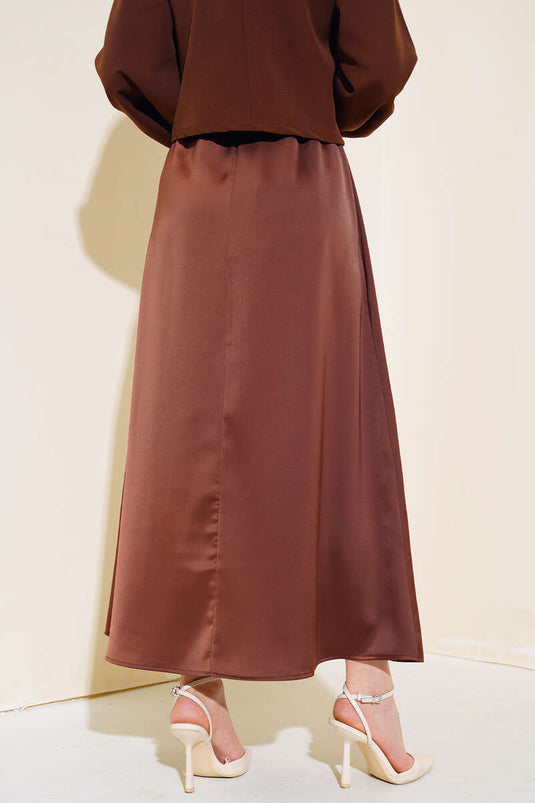 Jupe Évasée En Satin Taille Élastique Marron