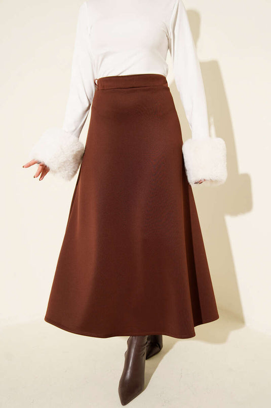 Elastic Waist Flared Scuba Skirt, Brown