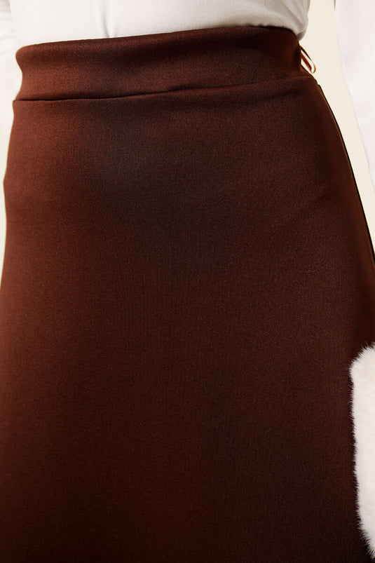 Elastic Waist Flared Scuba Skirt, Brown