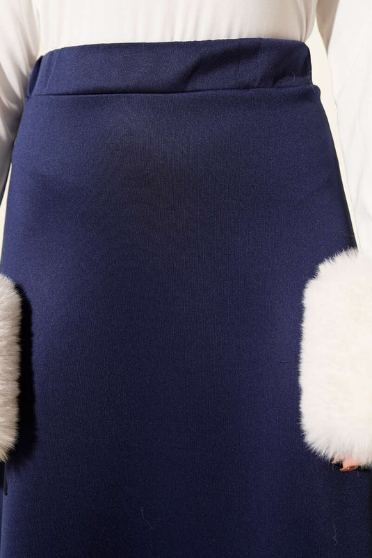 Navy Blue Flared Scuba Skirt with Elastic Waistband