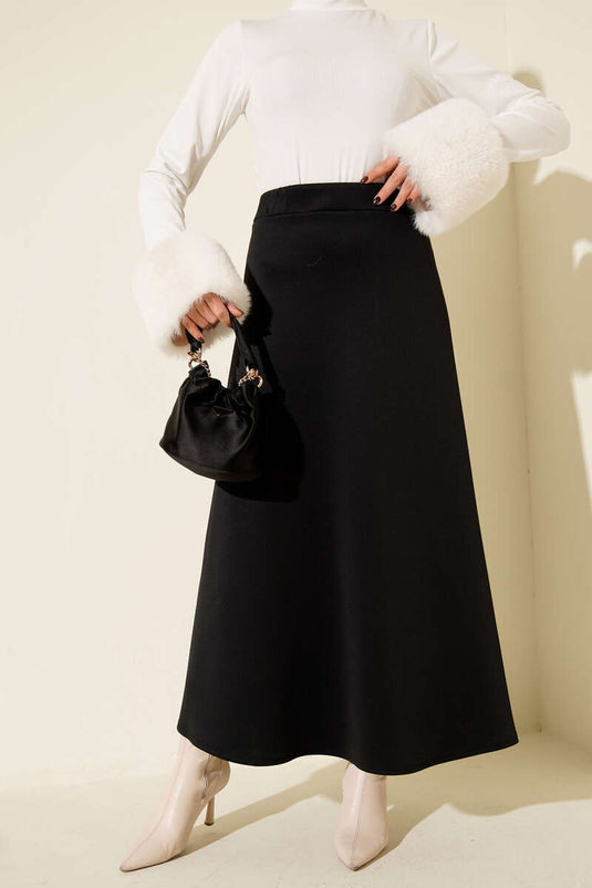 Black Flared Scuba Skirt with Elastic Waistband