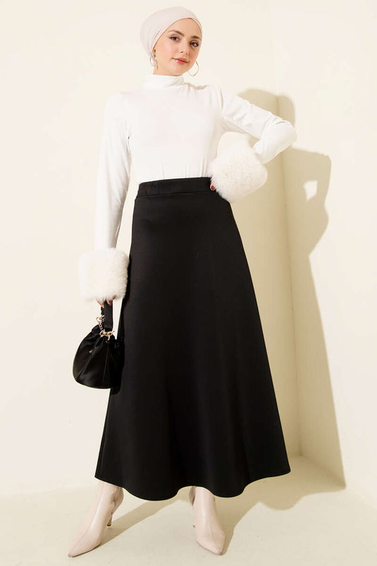 Black Flared Scuba Skirt with Elastic Waistband