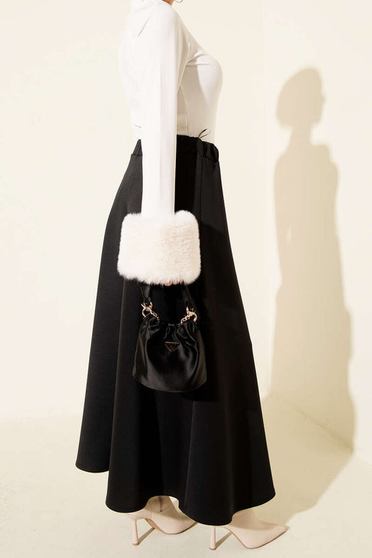 Black Flared Scuba Skirt with Elastic Waistband