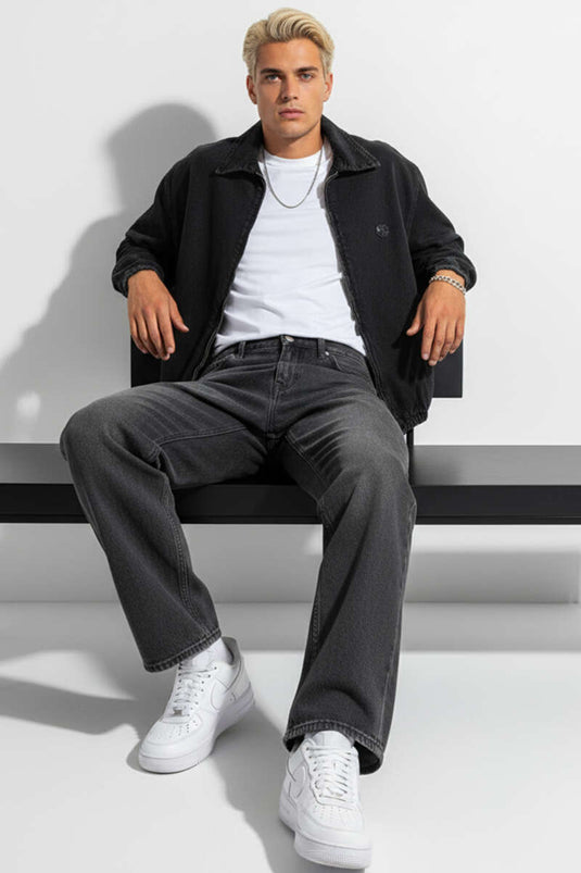 جاكيت جينز رجالي بحزام خصر مطاطي، أسود