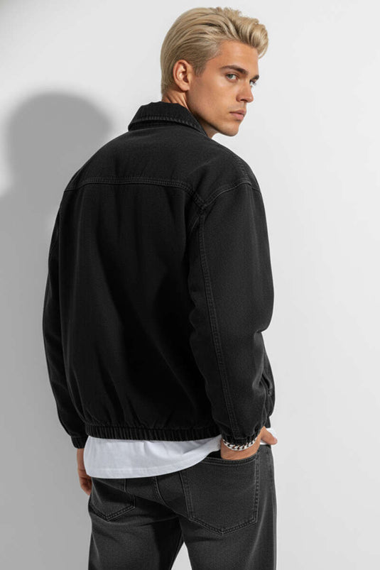 جاكيت جينز رجالي بحزام خصر مطاطي، أسود