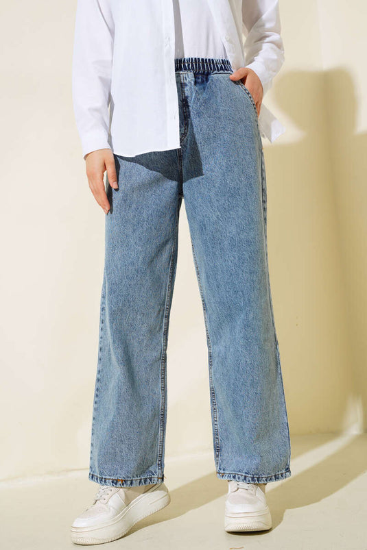 Pantalon Jeans Taille Elastique Bleu Denim