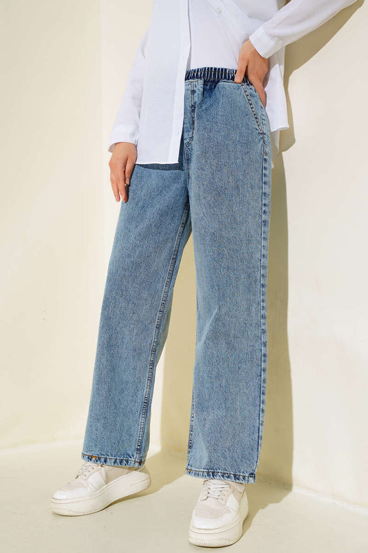 Pantalon Jeans Taille Elastique Bleu Denim