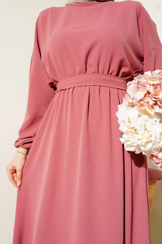 Bel Lastikli Kuşaklı Ayrobin Elbise Gül Kurusu