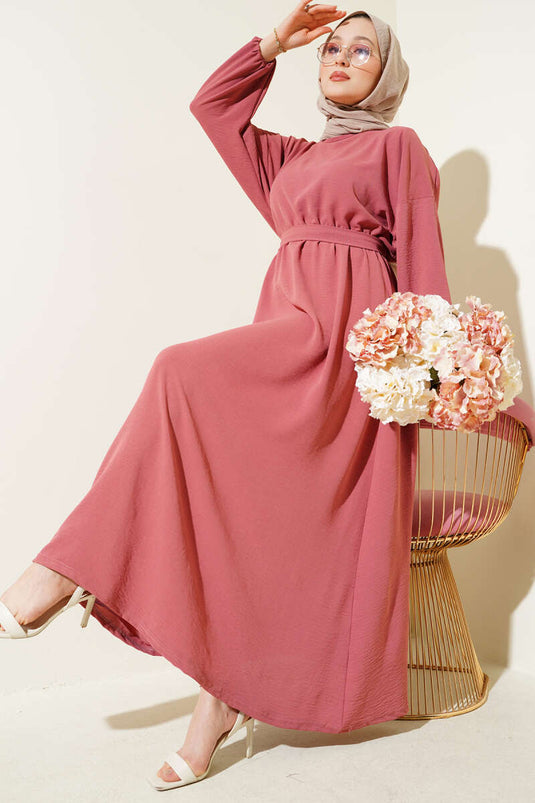 Bel Lastikli Kuşaklı Ayrobin Elbise Gül Kurusu