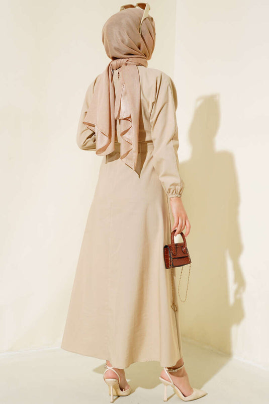 Beige Basic Terikoton Dress with Belted Elastic