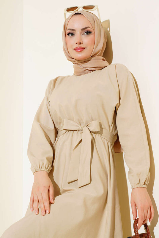 Beige Basic Terikoton Dress with Belted Elastic