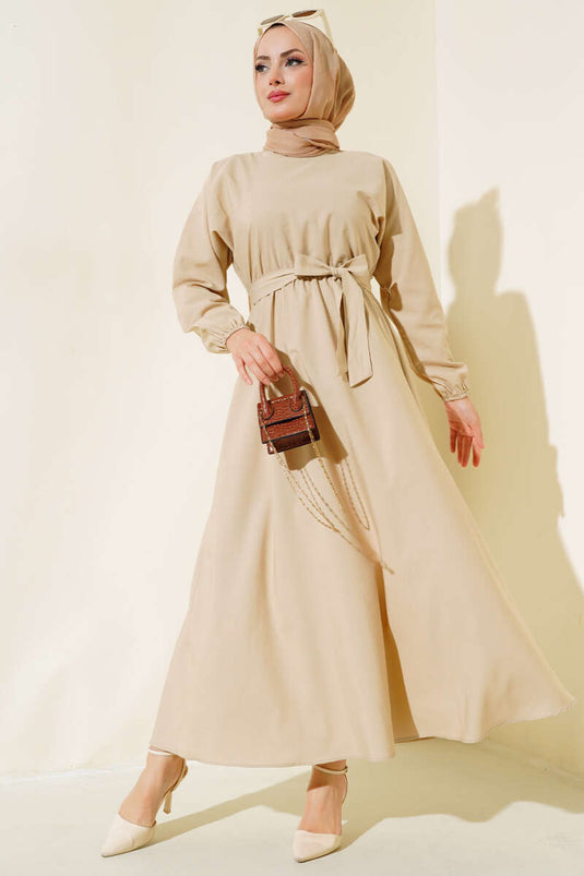 Beige Basic Terikoton Dress with Belted Elastic