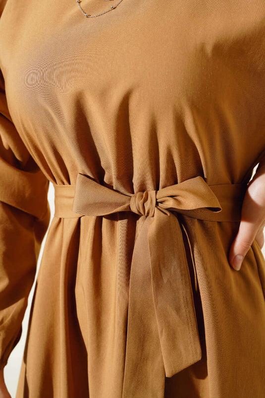 Robe Basique en Terikoton avec Ceinture Élastique Camel